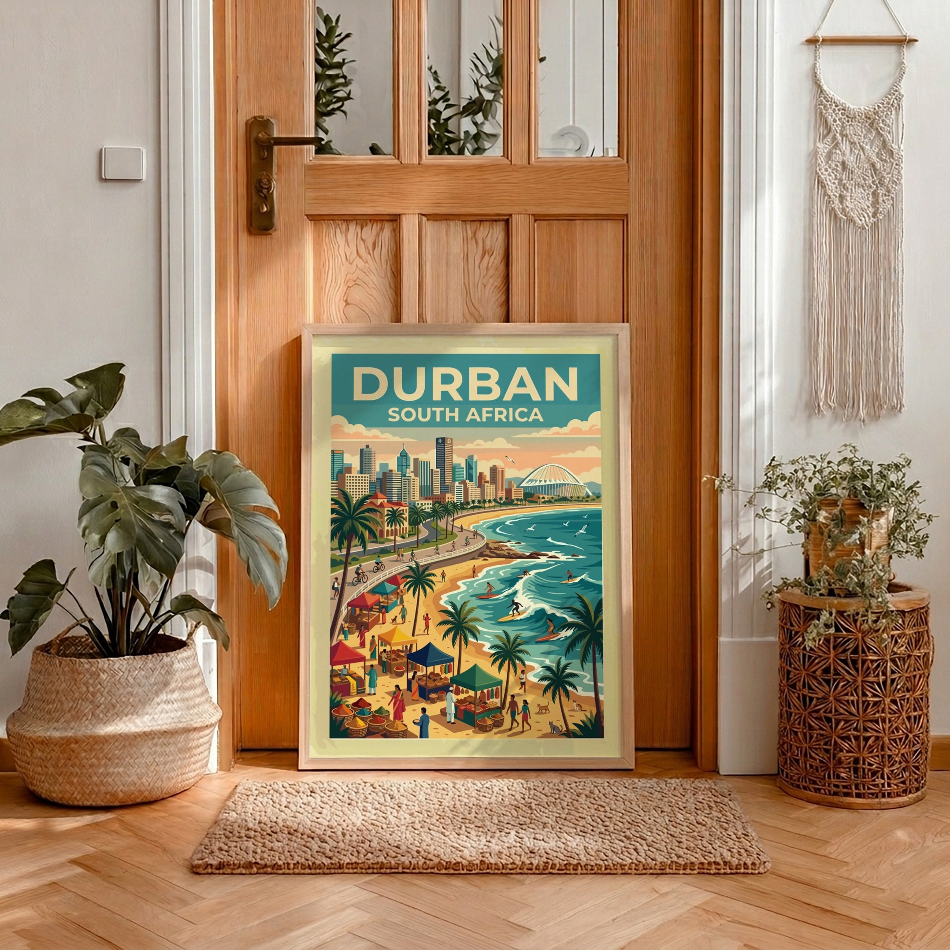 Travel poster of Durban South Africa featuring a coastal skyline and busy beach