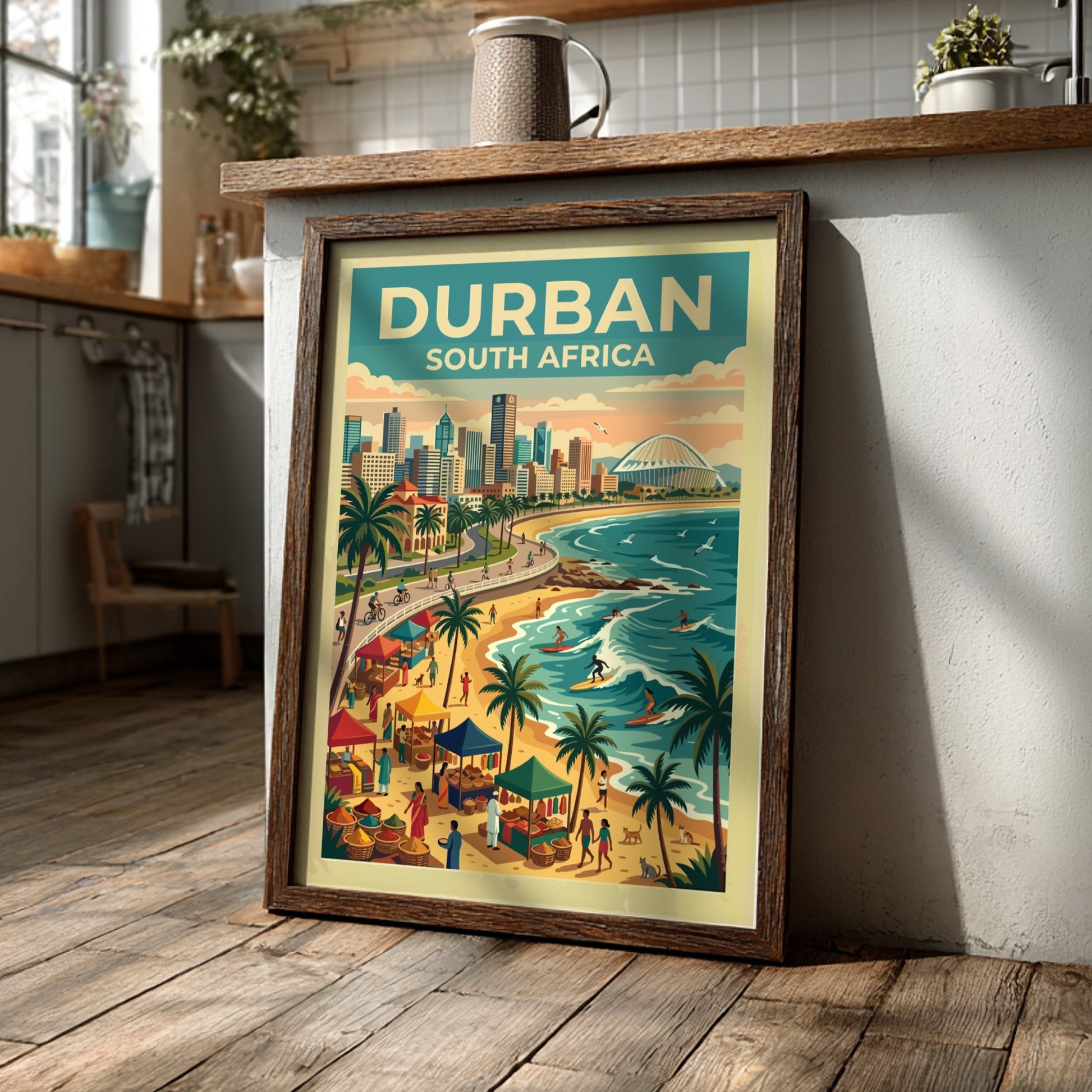 Travel poster of Durban South Africa featuring a coastal skyline and busy beach