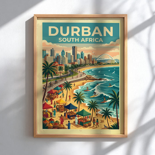Travel poster of Durban South Africa featuring a coastal skyline and busy beach