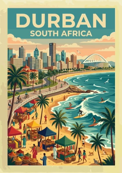 Travel poster of Durban South Africa featuring a coastal skyline and busy beach