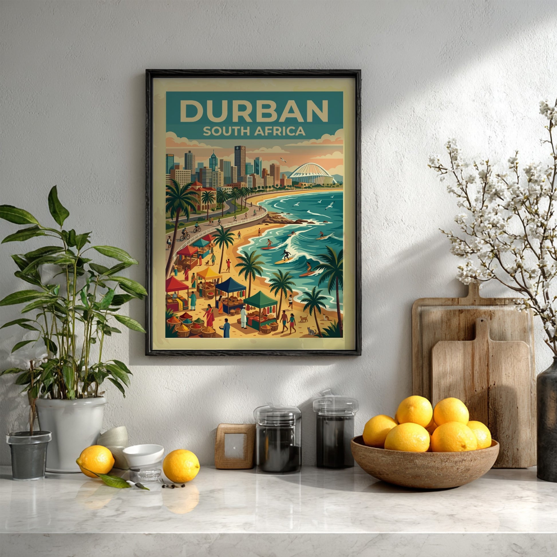 Travel poster of Durban South Africa featuring a coastal skyline and busy beach