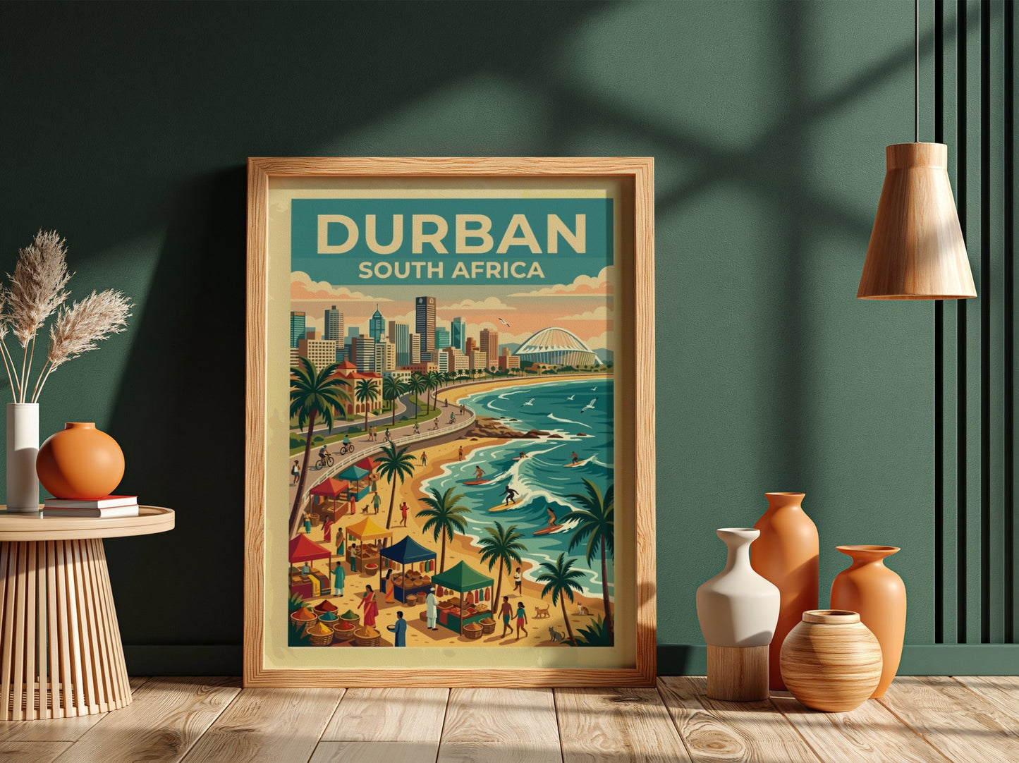 Travel poster of Durban South Africa featuring a coastal skyline and busy beach