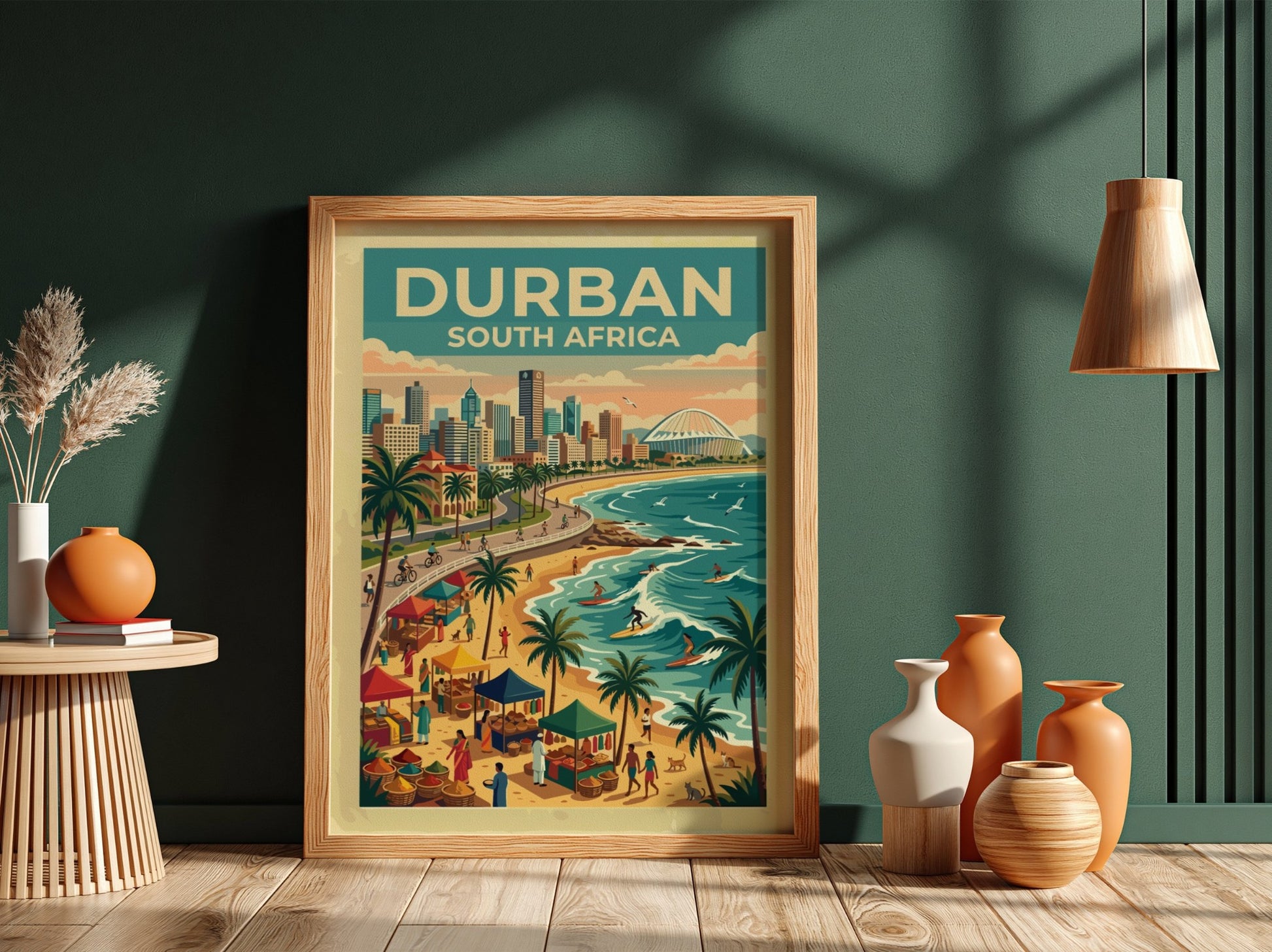 Travel poster of Durban South Africa featuring a coastal skyline and busy beach