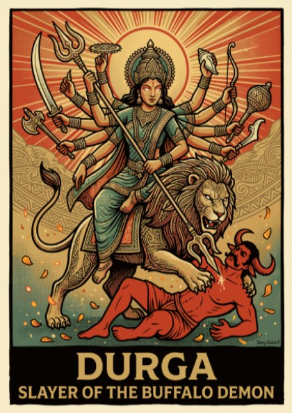 Poster of Durga riding a lion and slaying a demon in warm orange tones
