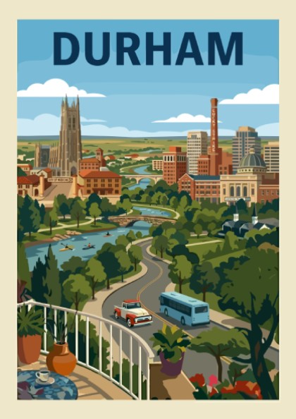 Vintage-style Durham cityscape print with Duke Chapel, buildings, and a river. Features a retro color palette.