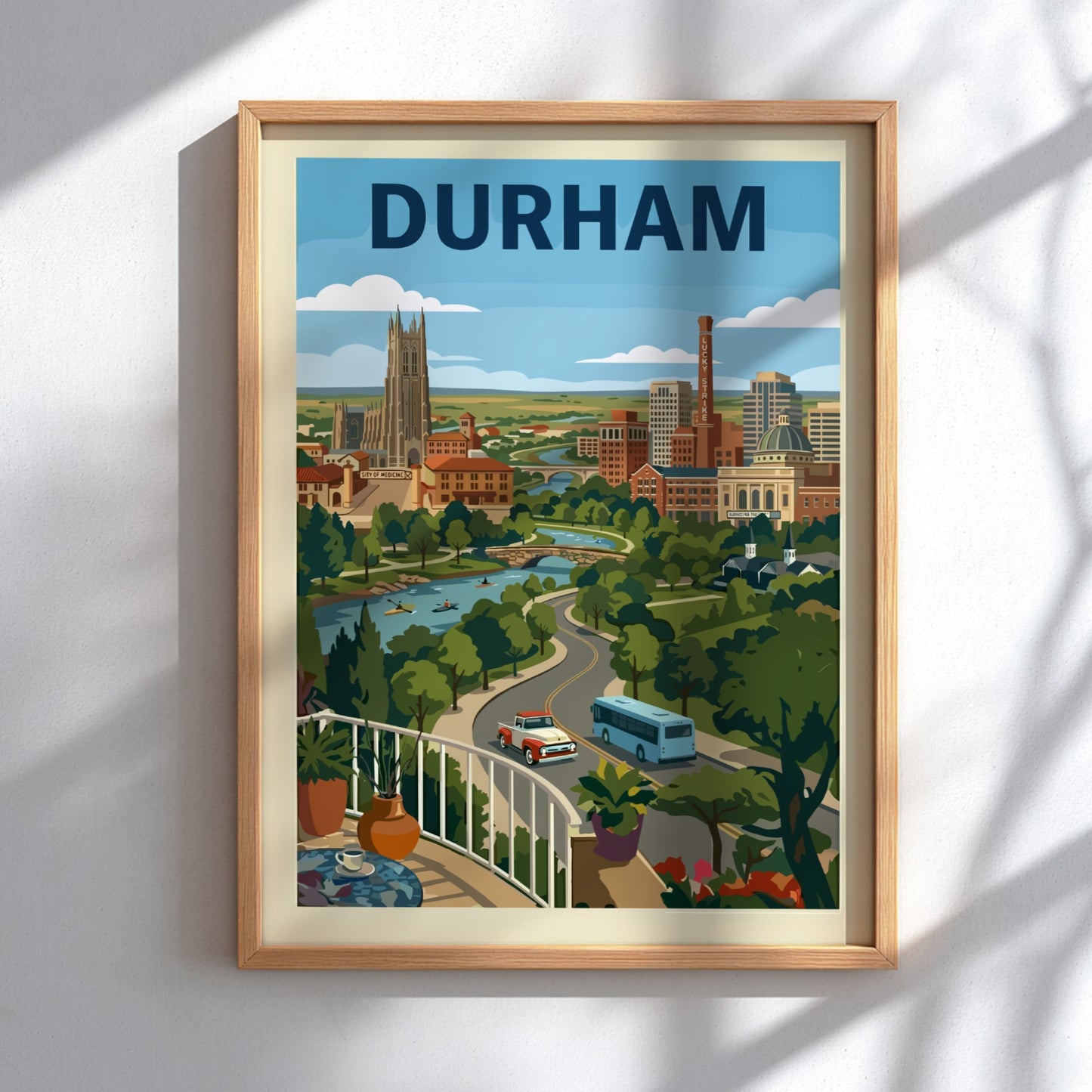 Vintage-style Durham cityscape print with Duke Chapel, buildings, and a river. Features a retro color palette.
