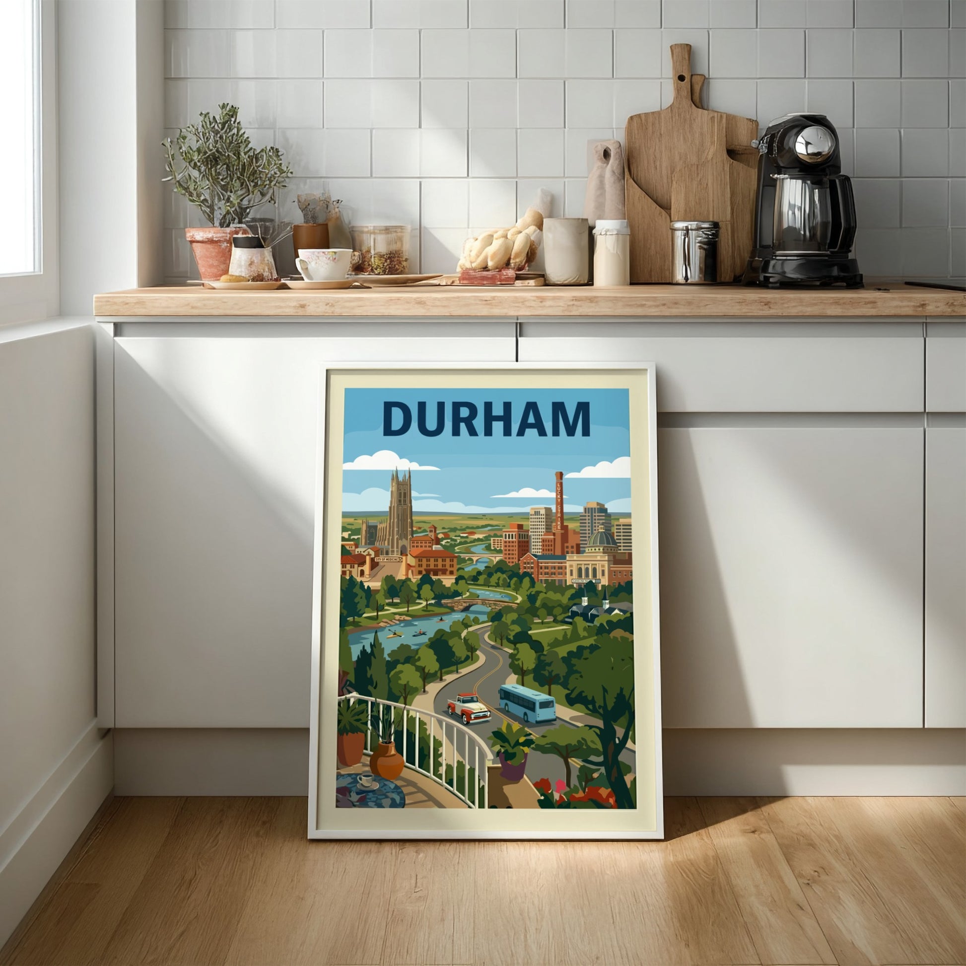 Vintage-style Durham cityscape print with Duke Chapel, buildings, and a river. Features a retro color palette.