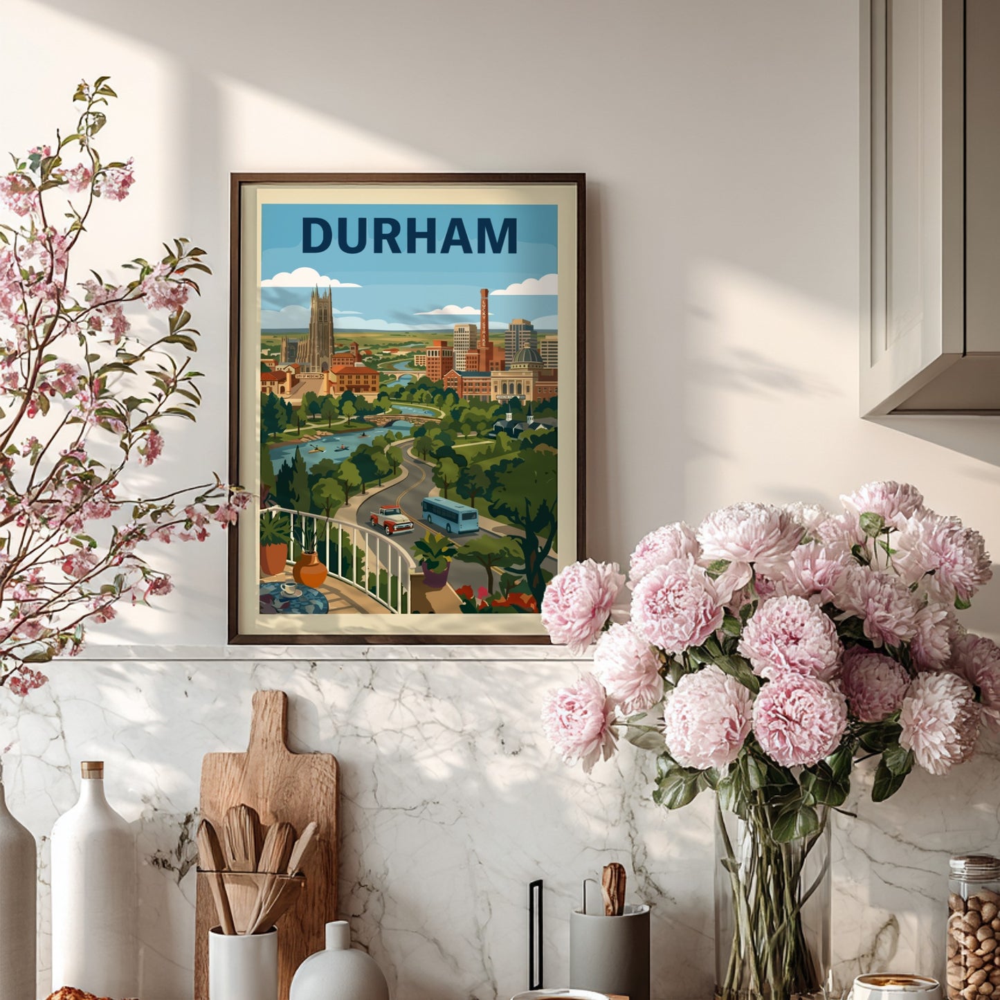 Vintage-style Durham cityscape print with Duke Chapel, buildings, and a river. Features a retro color palette.