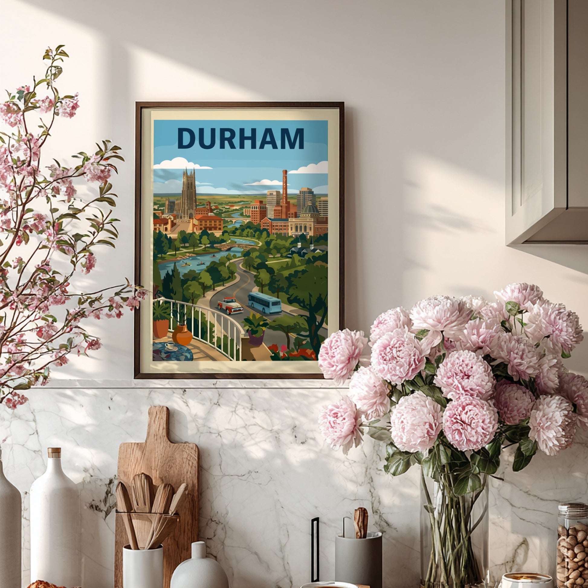 Vintage-style Durham cityscape print with Duke Chapel, buildings, and a river. Features a retro color palette.