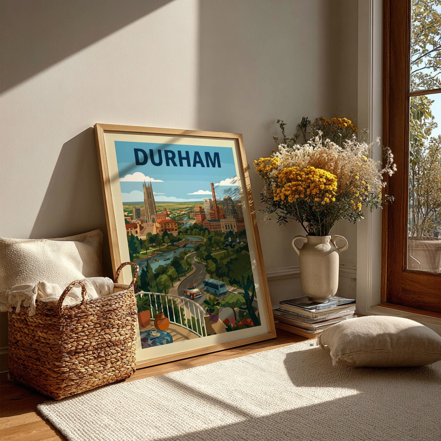 Vintage-style Durham cityscape print with Duke Chapel, buildings, and a river. Features a retro color palette.