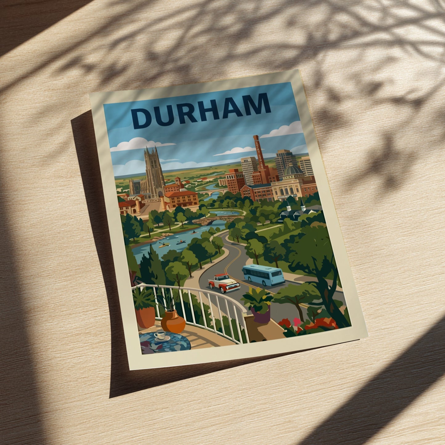Vintage-style Durham cityscape print with Duke Chapel, buildings, and a river. Features a retro color palette.