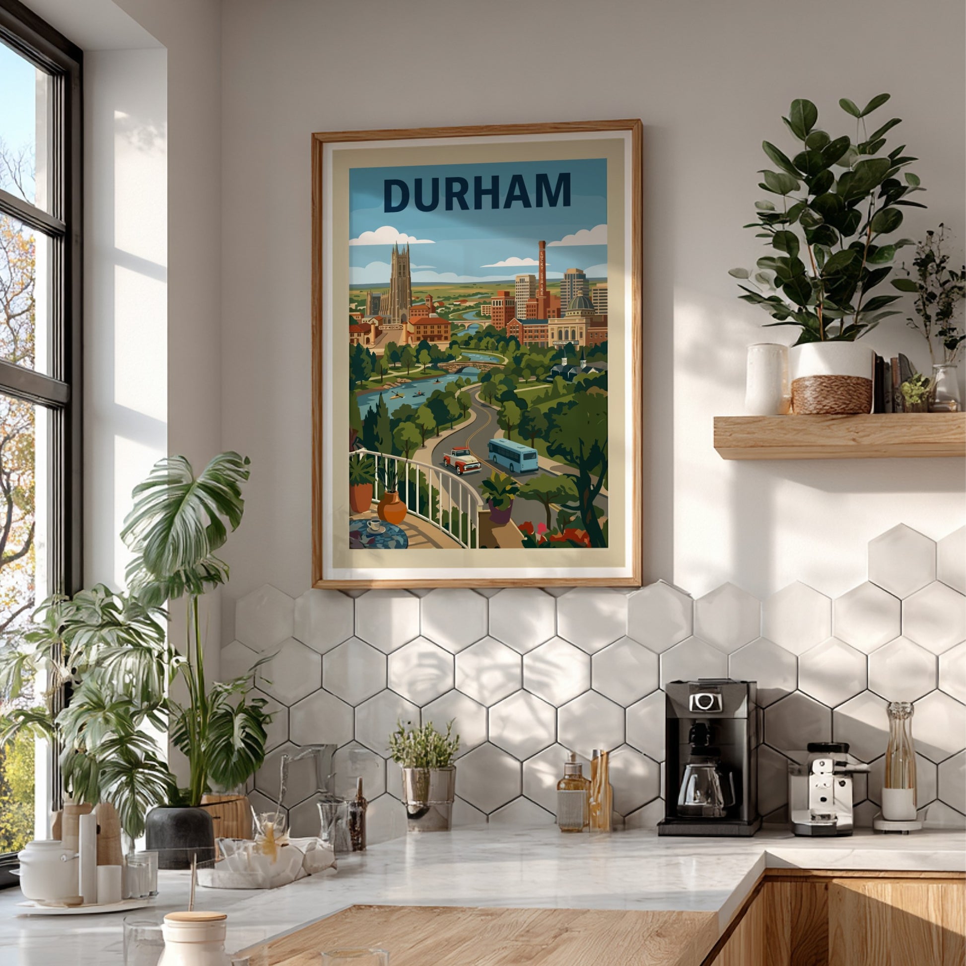 Vintage-style Durham cityscape print with Duke Chapel, buildings, and a river. Features a retro color palette.