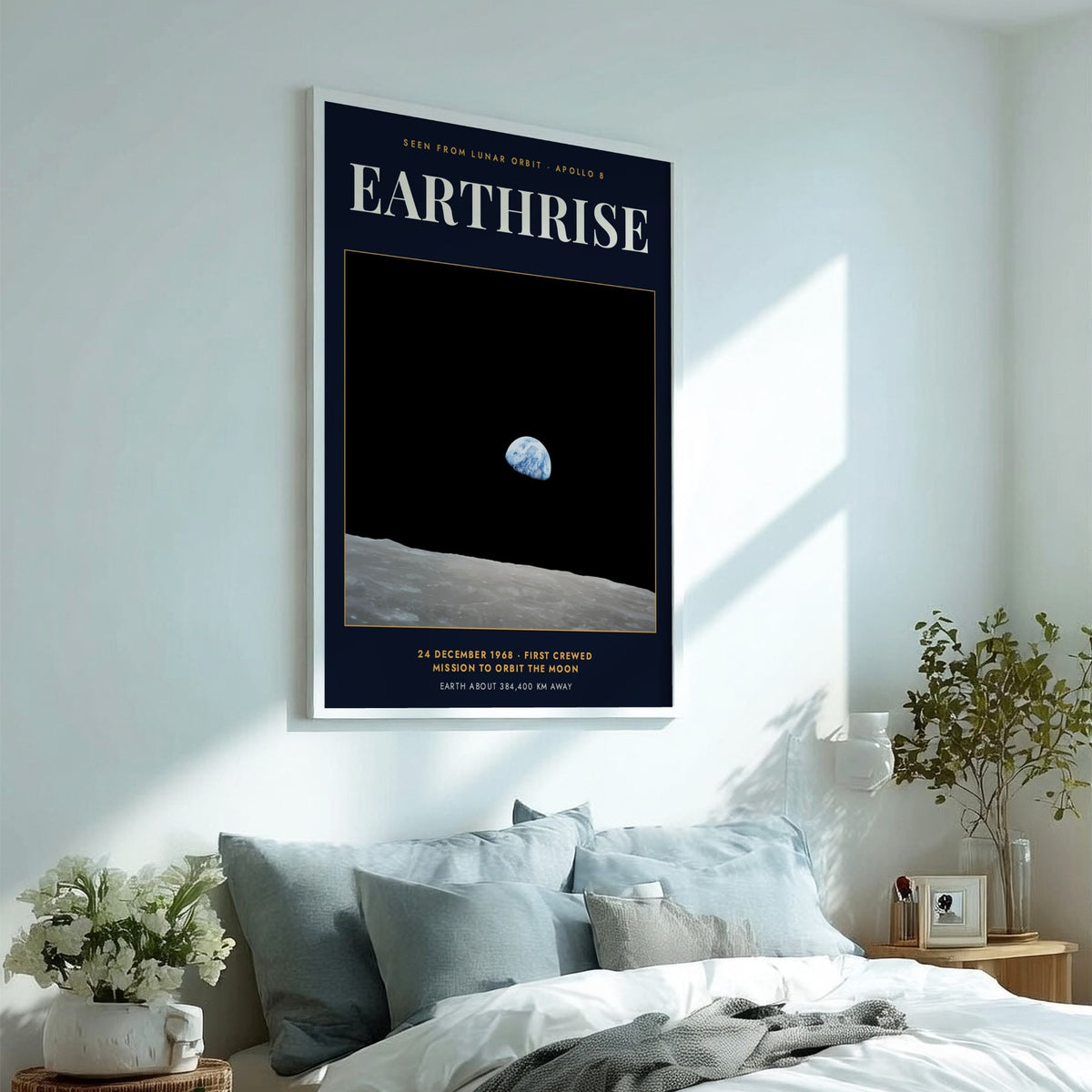 Earthrise poster showing the blue Earth rising above the grey lunar surface in space