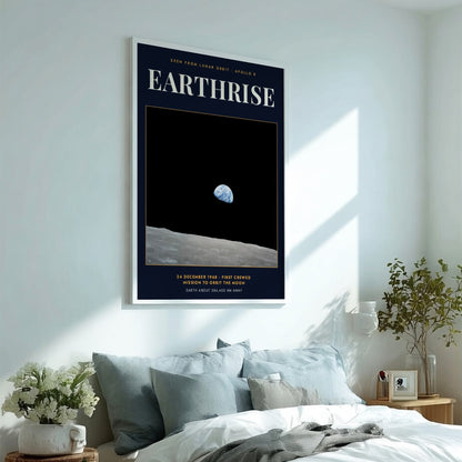 Earthrise poster showing the blue Earth rising above the grey lunar surface in space