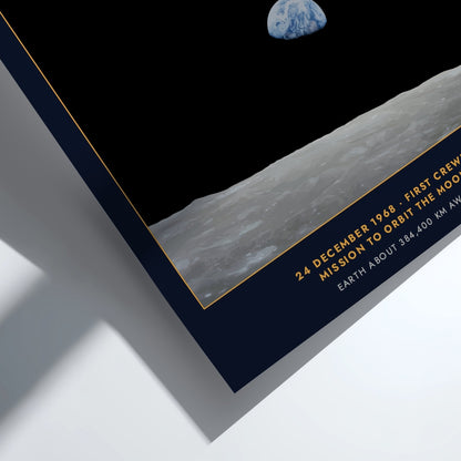 Earthrise poster showing the blue Earth rising above the grey lunar surface in space