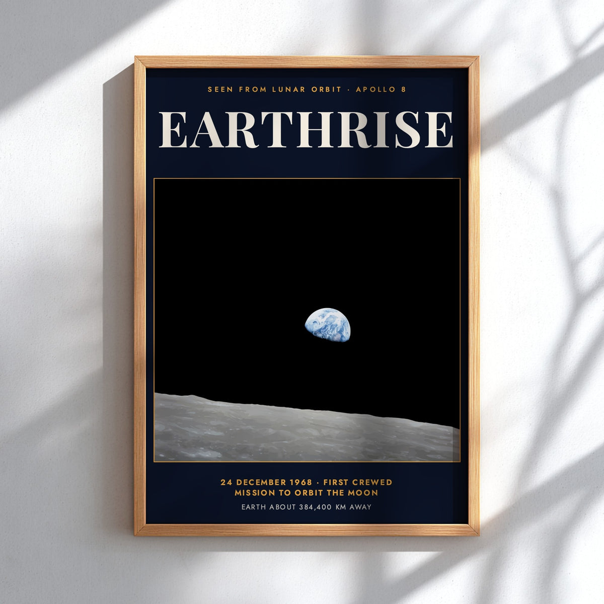 Earthrise poster showing the blue Earth rising above the grey lunar surface in space