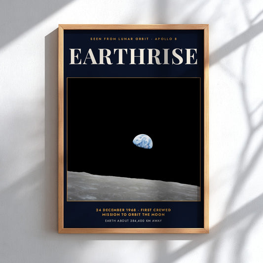 Earthrise poster showing the blue Earth rising above the grey lunar surface in space