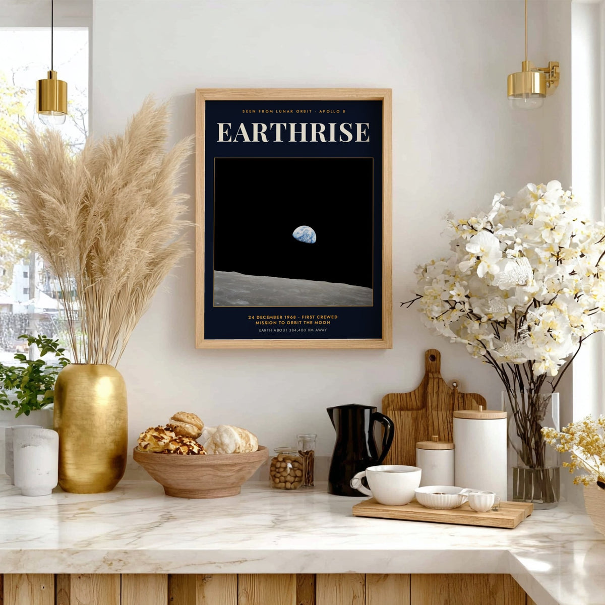 Earthrise poster showing the blue Earth rising above the grey lunar surface in space