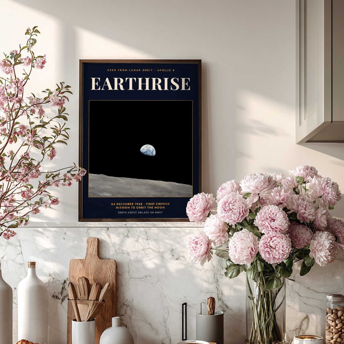 Earthrise poster showing the blue Earth rising above the grey lunar surface in space