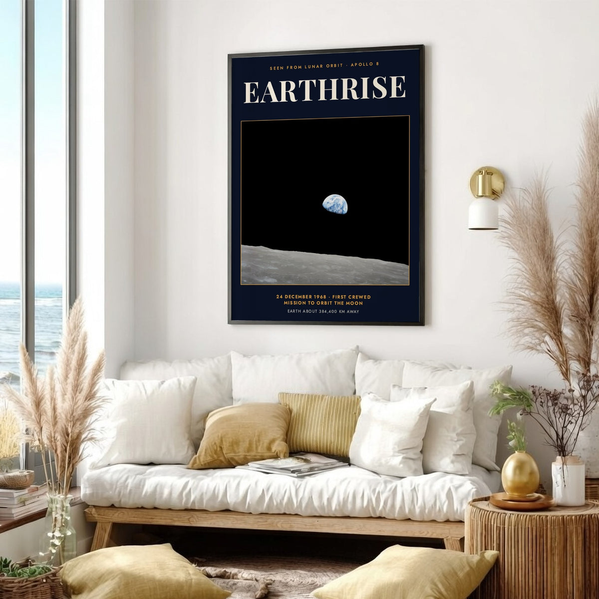 Earthrise poster showing the blue Earth rising above the grey lunar surface in space