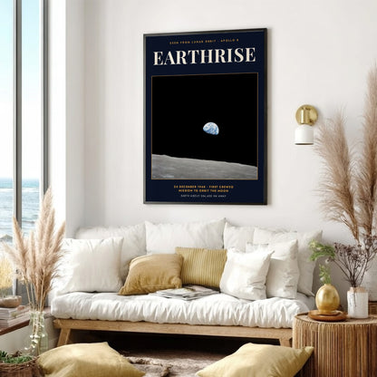 Earthrise poster showing the blue Earth rising above the grey lunar surface in space