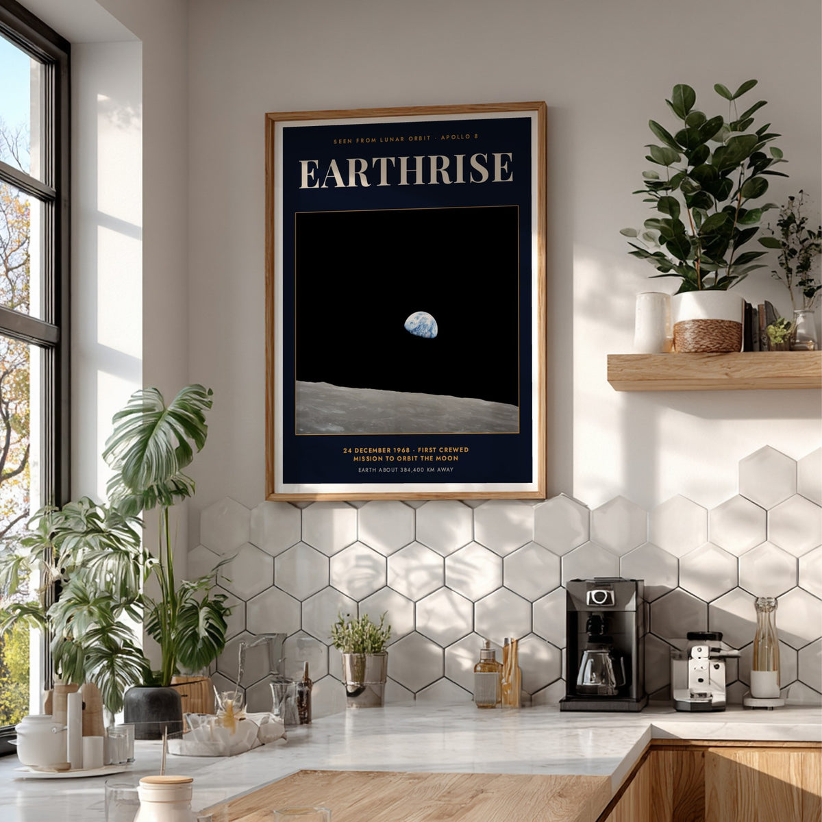 Earthrise poster showing the blue Earth rising above the grey lunar surface in space