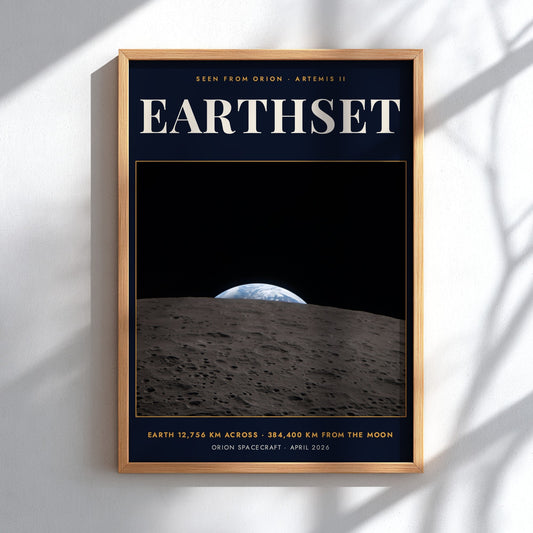 Earthset poster featuring a view of Earth rising over the cratered moon surface landscape