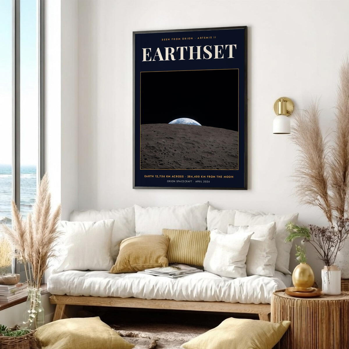 Earthset poster featuring a view of Earth rising over the cratered moon surface landscape