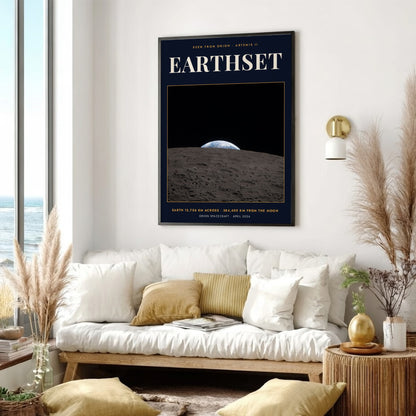 Earthset poster featuring a view of Earth rising over the cratered moon surface landscape