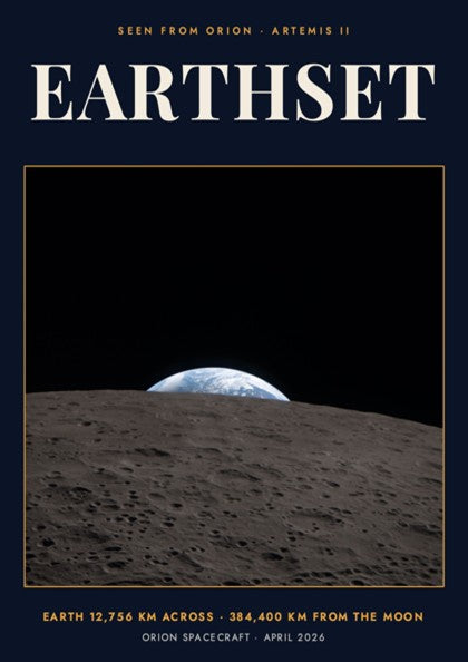 Earthset poster featuring a view of Earth rising over the cratered moon surface landscape