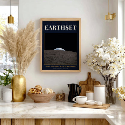 Earthset poster featuring a view of Earth rising over the cratered moon surface landscape
