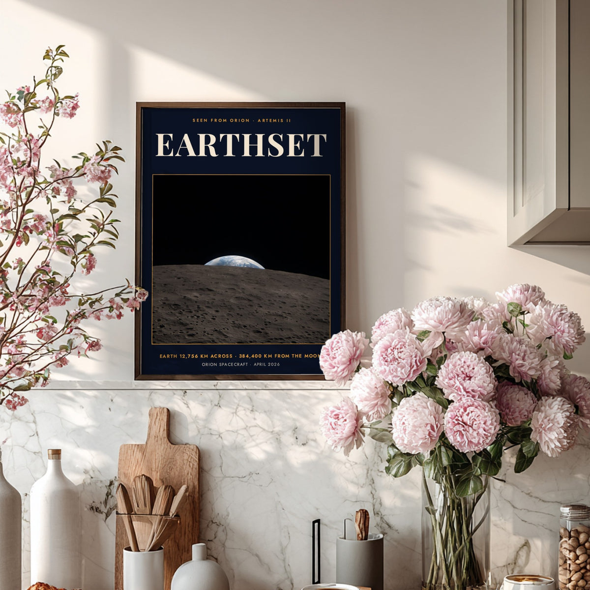 Earthset poster featuring a view of Earth rising over the cratered moon surface landscape