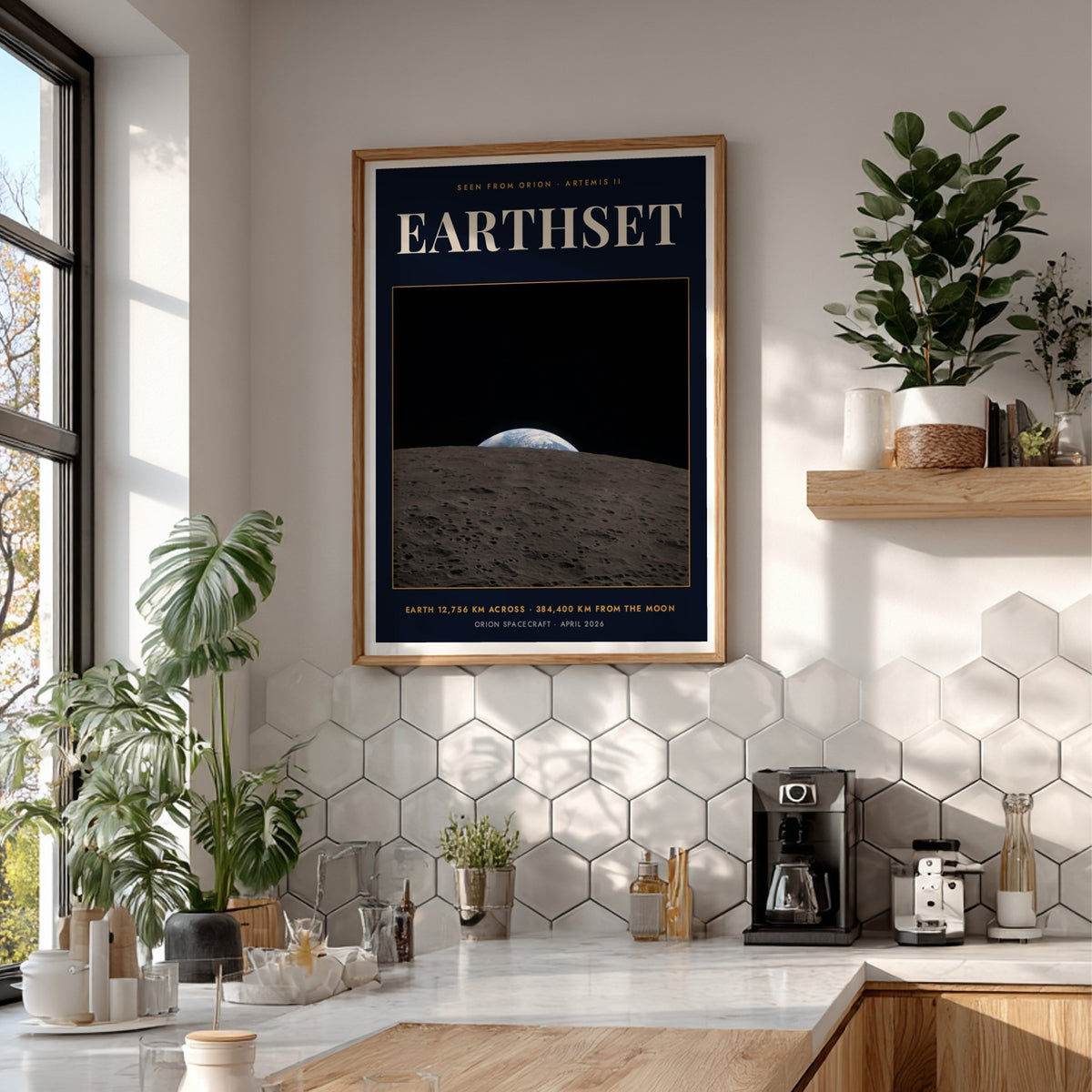Earthset poster featuring a view of Earth rising over the cratered moon surface landscape