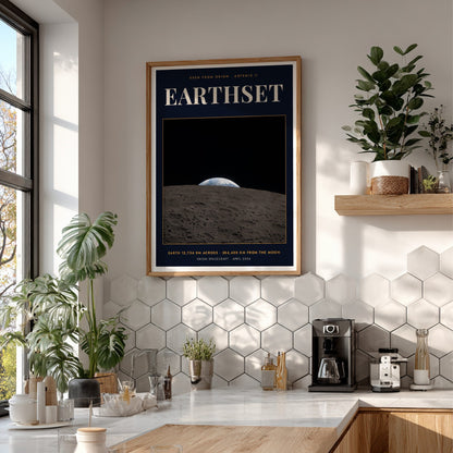 Earthset poster featuring a view of Earth rising over the cratered moon surface landscape