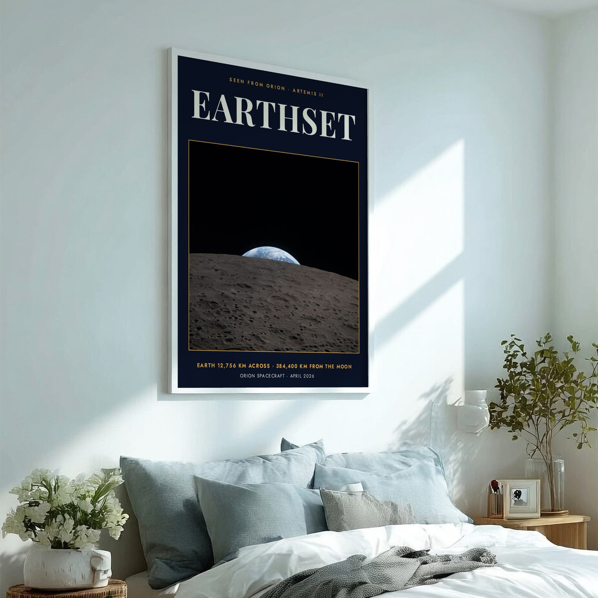 Earthset poster featuring a view of Earth rising over the cratered moon surface landscape