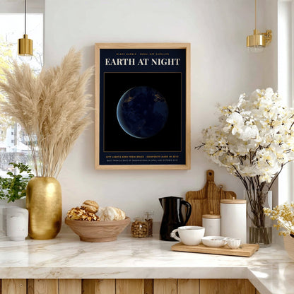 Poster featuring a dark Earth at night with glowing yellow city lights from space.