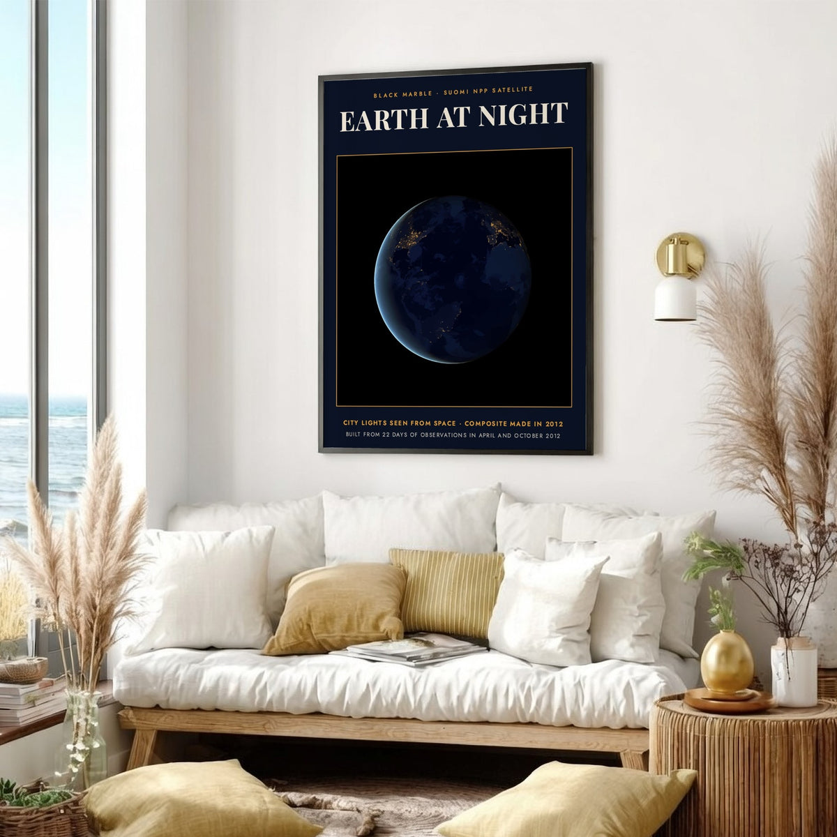 Poster featuring a dark Earth at night with glowing yellow city lights from space.