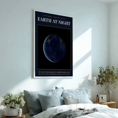 Poster featuring a dark Earth at night with glowing yellow city lights from space.