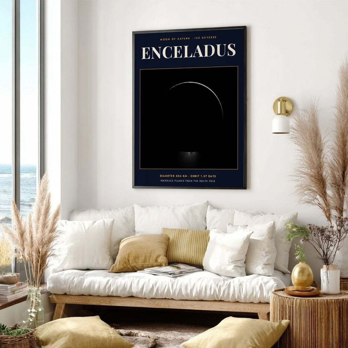 Poster of Enceladus moon showing icy plumes erupting from the dark southern pole area