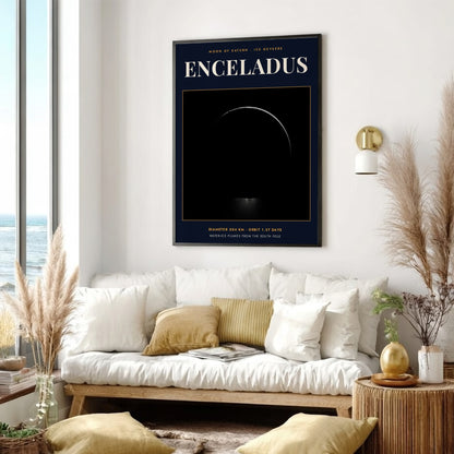 Poster of Enceladus moon showing icy plumes erupting from the dark southern pole area