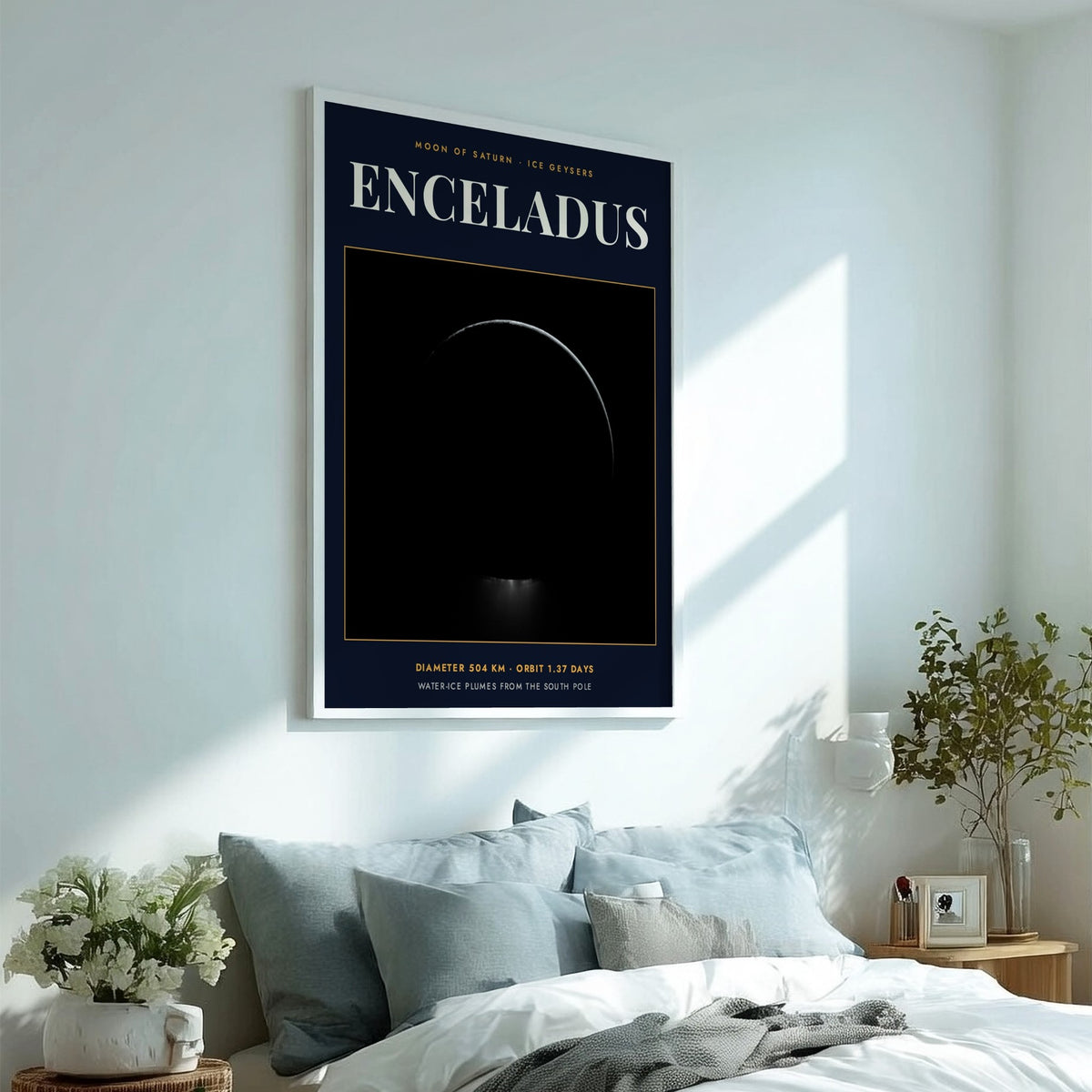 Poster of Enceladus moon showing icy plumes erupting from the dark southern pole area