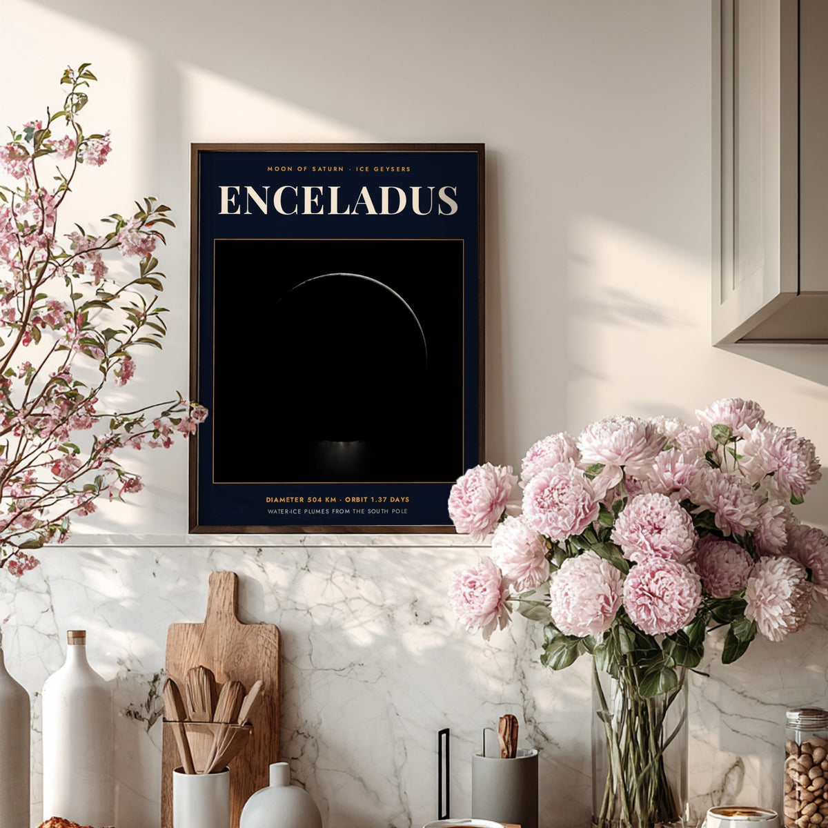 Poster of Enceladus moon showing icy plumes erupting from the dark southern pole area