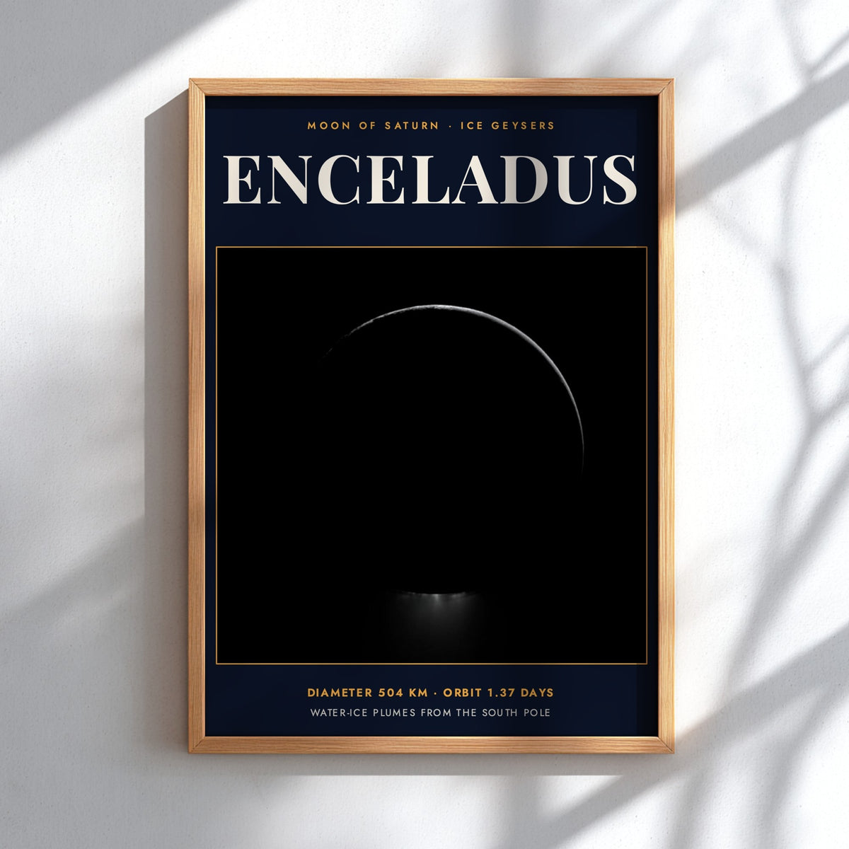 Poster of Enceladus moon showing icy plumes erupting from the dark southern pole area