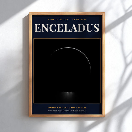 Poster of Enceladus moon showing icy plumes erupting from the dark southern pole area