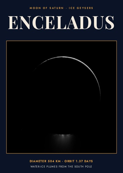 Poster of Enceladus moon showing icy plumes erupting from the dark southern pole area