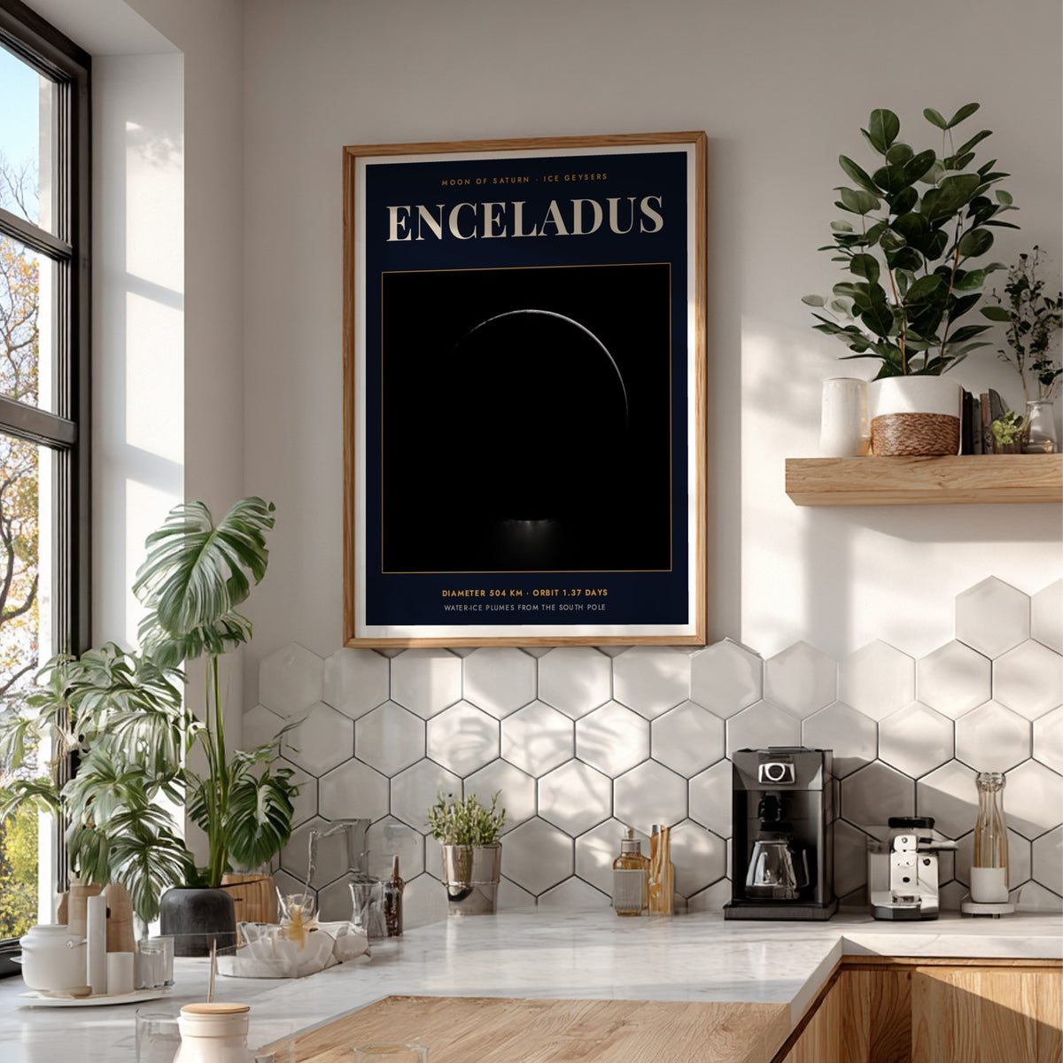 Poster of Enceladus moon showing icy plumes erupting from the dark southern pole area
