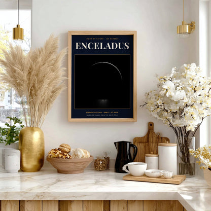 Poster of Enceladus moon showing icy plumes erupting from the dark southern pole area