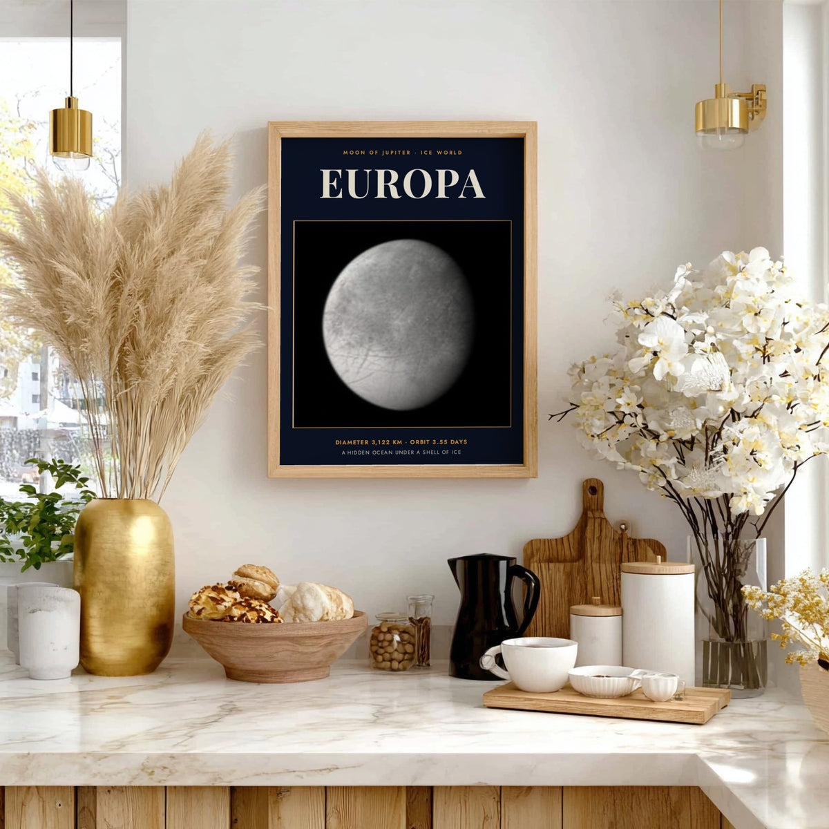Poster of Europa featuring a detailed monochrome moon against a dark navy blue background.