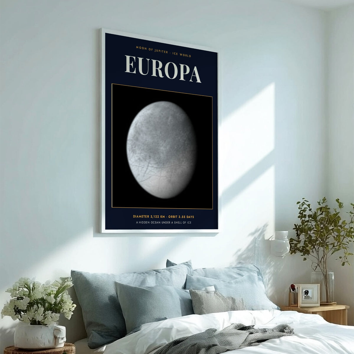 Poster of Europa featuring a detailed monochrome moon against a dark navy blue background.