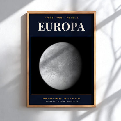 Poster of Europa featuring a detailed monochrome moon against a dark navy blue background.
